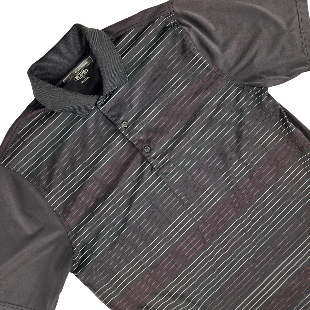 Greg Norman Polo Shirt Mens Medium Black Striped Play Dry Polyester Golf